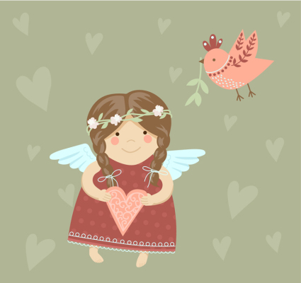 Cute angel girl and birds vector material