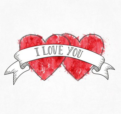 Painted double heart and ribbon vector material