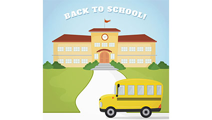 Cartoon teaching building and school bus vector material