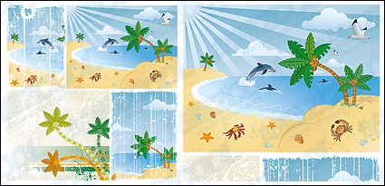 cartoon seaside scenery vector material