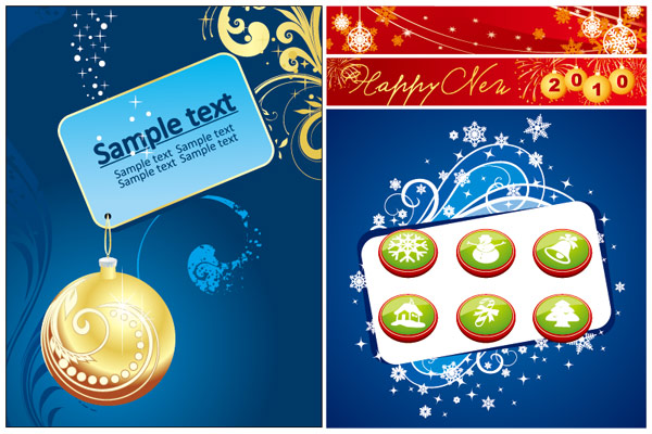 Label, hanging balls, bells, fireworks vector 
