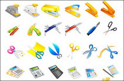 Stapler, utility knife, scissors, calculator, pens